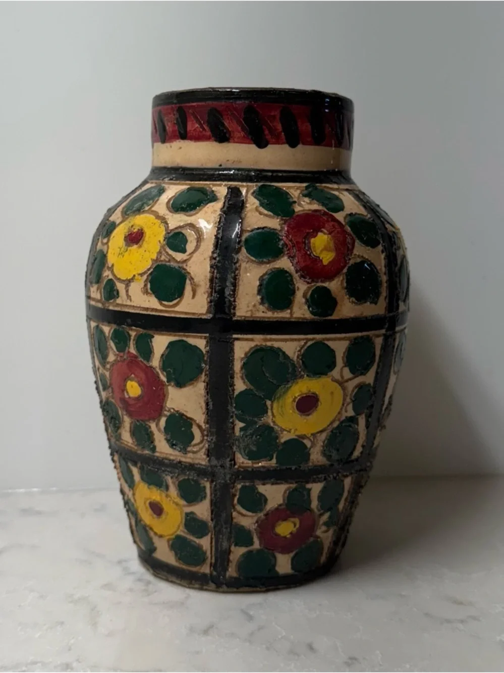 Hand-Painted Italian Floral Ceramic Vase in Yellow, Green & Red